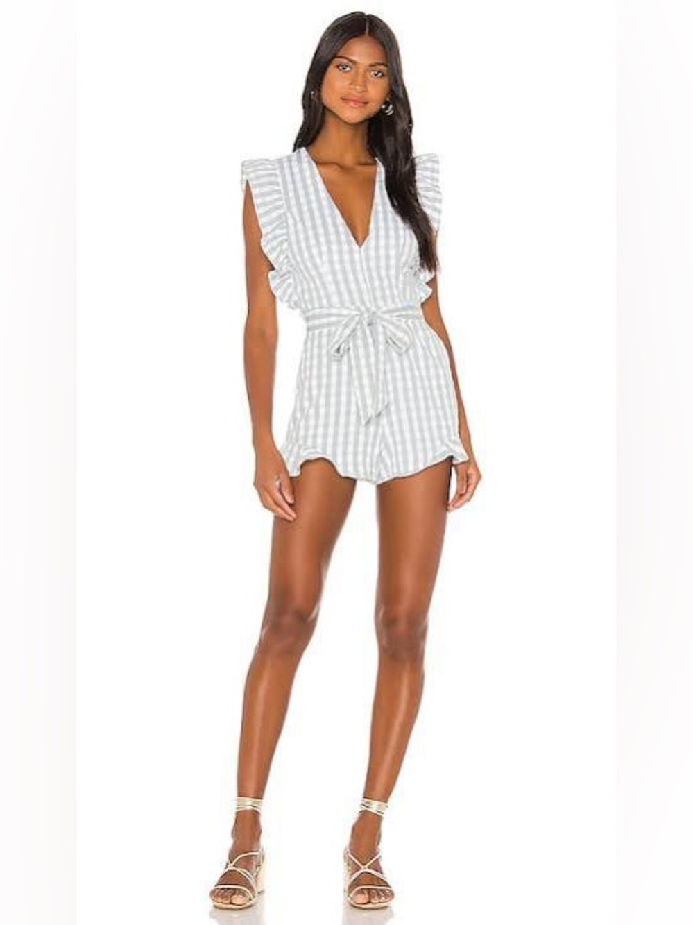 Lovers + Friends Jill Romper Gingham Sage Green White Ruffle Sz S VGUC